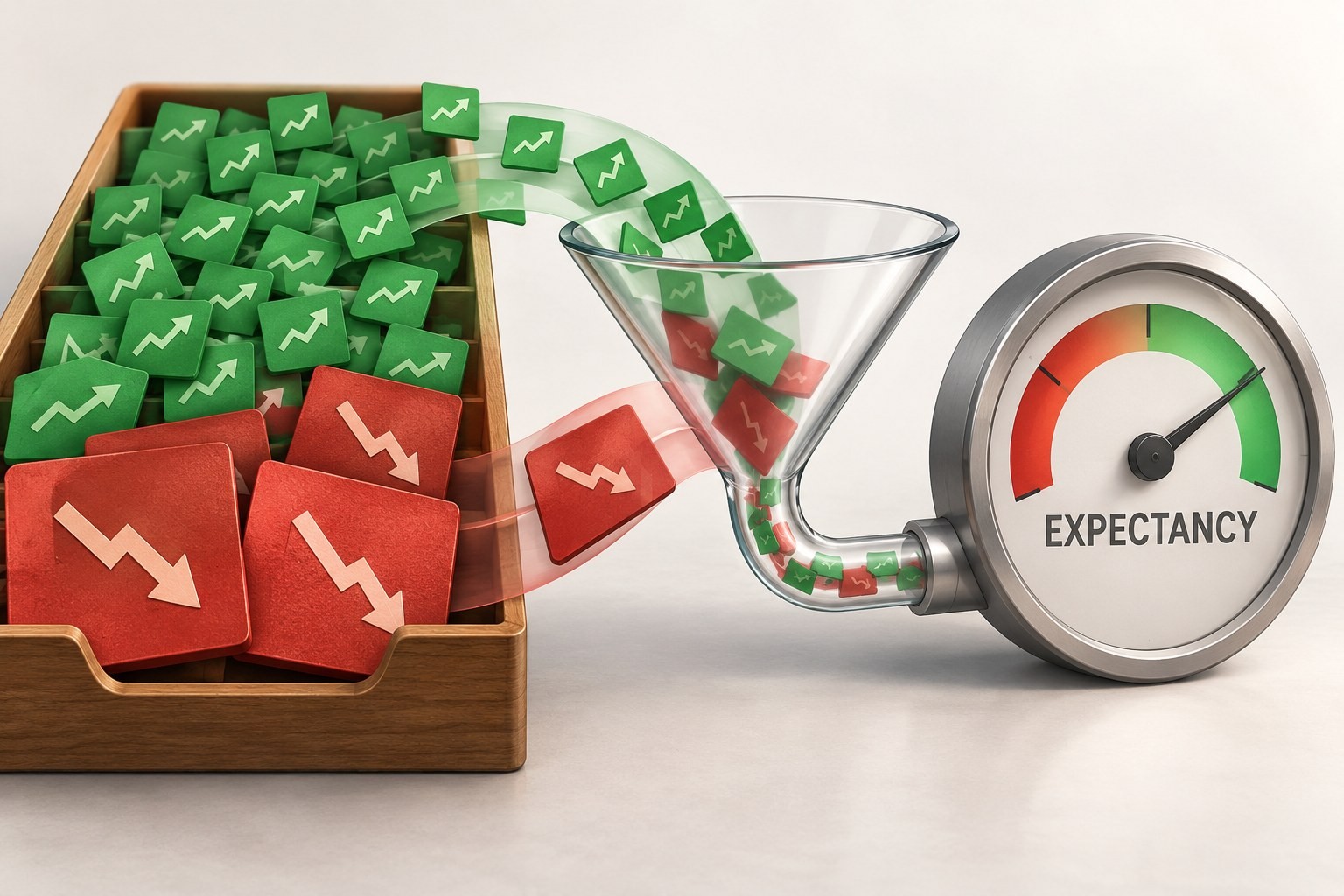 Different-sized winning and losing outcomes feed into an average-result calculation.